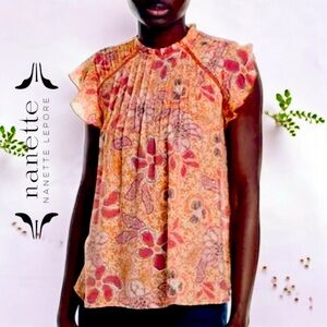 Nanette Lepore Short Sleeve Ruffle Pintuck Detail Top Blouse